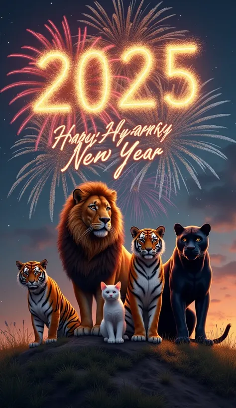  The image portrays a group of big cats gathered in a natural environment .  Among them are a lion , A Tiger,  a cheetah and a black panther ,  positioned majestically on a grassy hill .  The night sky in the background is illuminated by a vibrant firework...