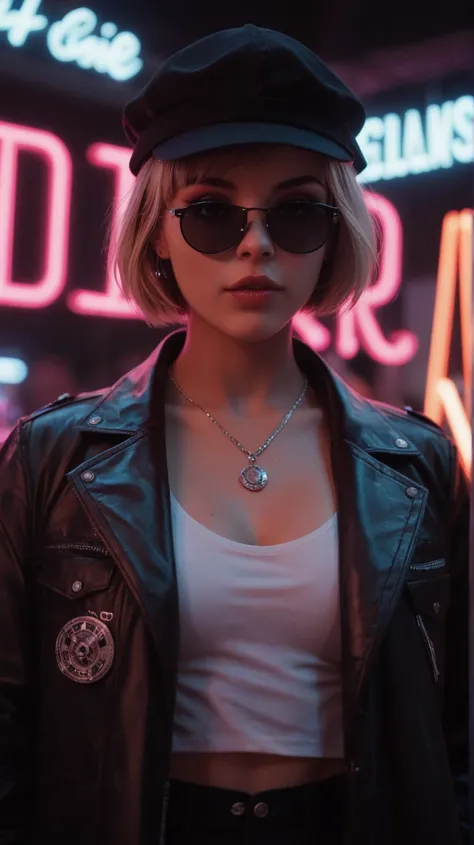 Enlarged face, alternative girl, watching through black sunglasses, jacket, necklace, neon light reflections on the skin, shaving, makeup, skin blemishes, short hair, small hat, neon lights background, poor lighting, depth of field, detailed in high detail...