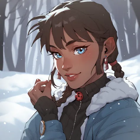 score_9, score_8_ up, score_7_ up, Alone,  1 girl, Dark Skin, ,  brown hair,  Watch Viewers , Two braids,  blue eyes, snow outside , , ,