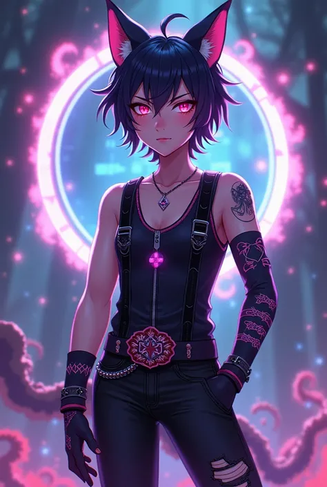 Make an image of a 21 year old anime boy with different eyes left side red on the right side purple and with a very beautiful jumpsuit dressed with hybrid cat ears and with Dimensional portal powers and with printed gloves and with a very beautiful belt an...