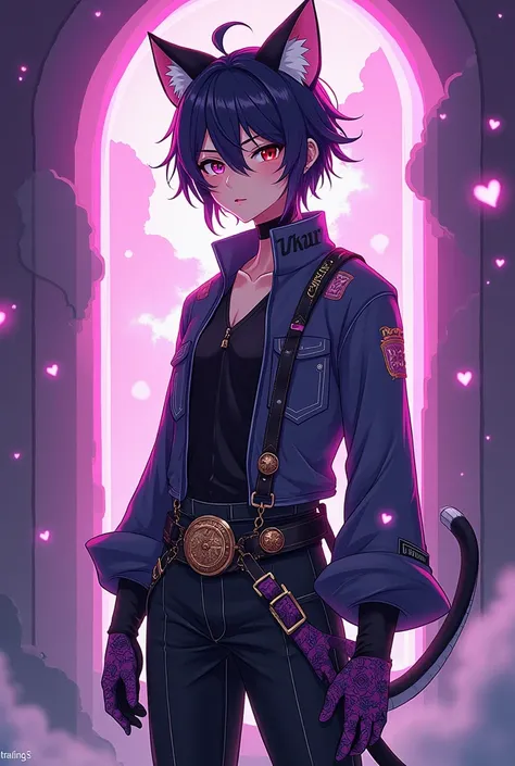 Make an image of a 21 year old anime boy with different eyes left side red on the right side purple and with a very beautiful jumpsuit dressed with hybrid cat ears and with Dimensional portal powers and with printed gloves and with a very beautiful belt an...