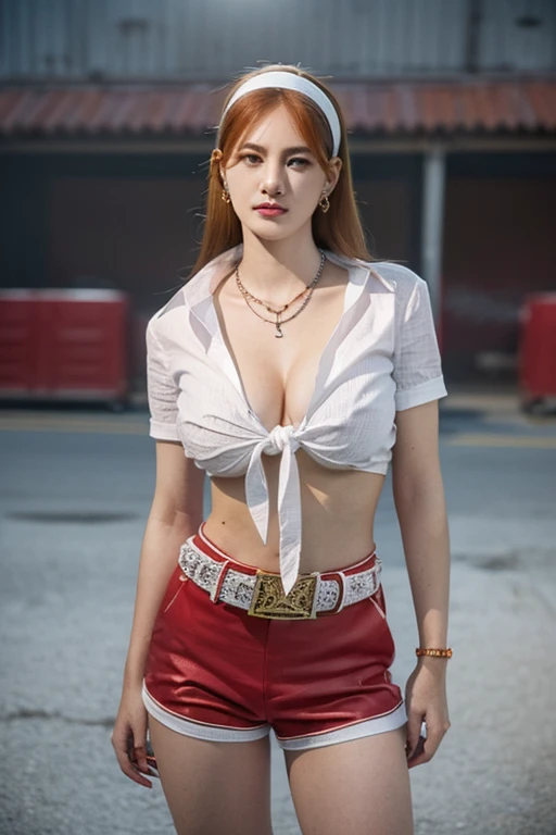 ((white hairband:1.2,belt:1.2,red shorts:1.2,frown:1.2,Tied shirt,short sleeve,in 
slaughterhouse:1.5)),(RAW shooting, Photoreal:1.5, 8k,  top quality, masterpiece,  super high resolution),  Perfect Dynamic Composition :1.2, very delicate skin and face tex...