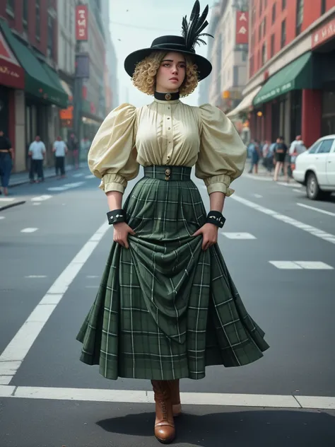 Alluring, voluptuous 14yo blonde Gibson Girl of the 1900s in a ((Gilded Age New York street, 1902)). High-neck red shirtwaist with long puff sleeves and ruffles on the cuffs and collar, wide-brimmed black hat with feathers, floor-length green plaid skirt, ...