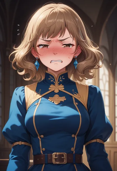 (Nausicaa,1girl,オレンジ hair, medium hair, brown eyes, medium breasts, earrings, (dark blue dress:1.0), , long_ sleeves, belt) straight-on　(cowboy shot:1.2) Looking Side:1.5 (embarrassed:1.5) narrowed eyebrows:1.3 (下がり眉:1.5) troubled eyebrows:1.3 (frown:1.3) ...