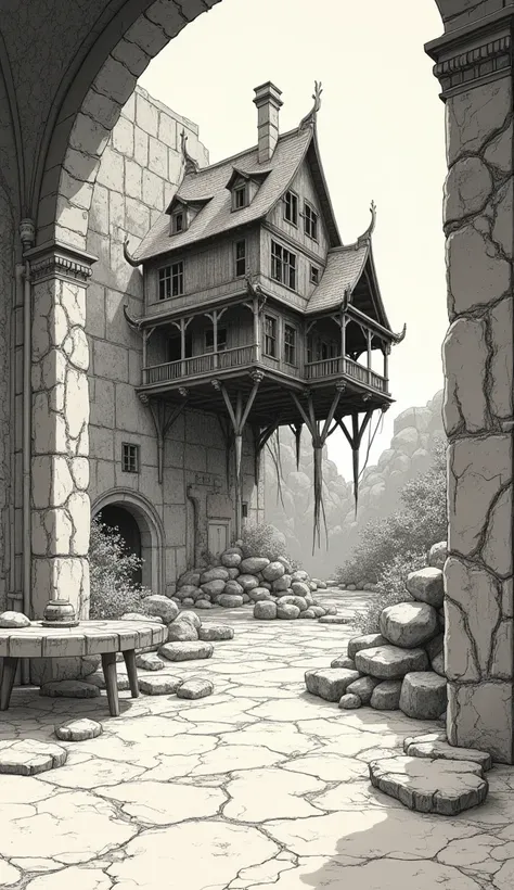 
、 Mizuki Shigeru Kaze 、Pen drawing、Precision、delicate、 Calm Colors、Ruined Room 、 Fantastic、Vertical composition、Fine shading、 hand drawn style 、Pen drawing、Pointillism、Black and white painting 、Gallo comics、Western-style building floating in the middle