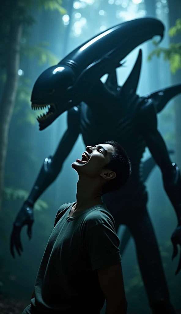 Create a dramatic and intense science fiction scene featuring an alien creature known as a Xenomorph from the ‘Alien’ franchise. The Xenomorph is positioned dominantly behind a human who is in great danger. The alien creature has a long, slender body, an e...