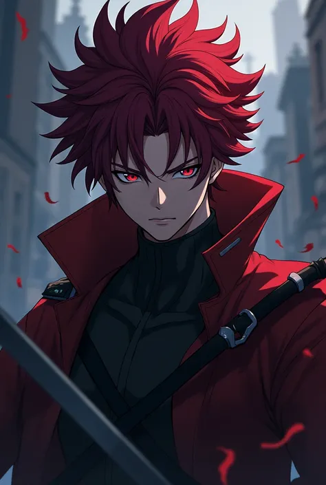 Create male anime character of demon slayer having dark red hair and dark lilac eyes 