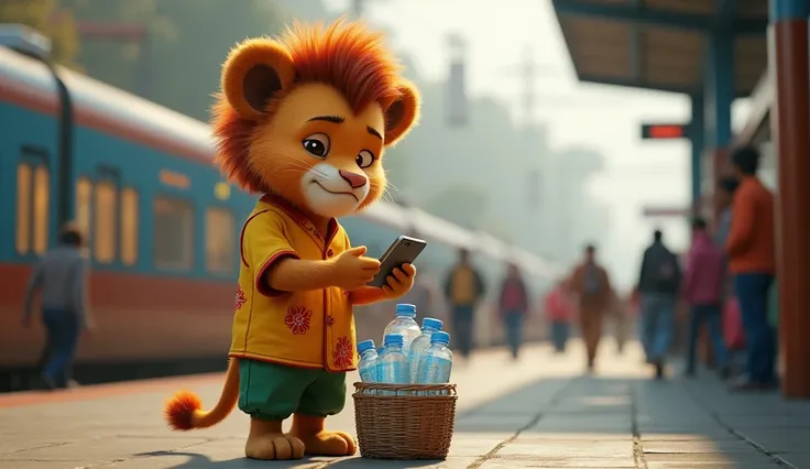 In cinematic 3d realistic" A cute lion cub named raju,raju wearing red colour flower printed yellow colour shirt and green pant,raju have large fluffy fur, detailed and realistic hair style, realistic face.Raju selling water bottles at a metro railway stat...