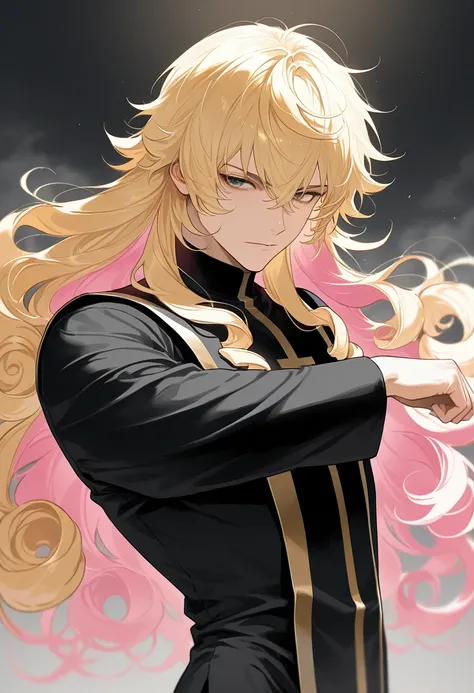 score_9, score_8_up, score_7_up, masterpiece, ultra-detailed,1 boy, Black priest, solo, Blonde hair, pink inner hair, curly hair, long hair, Kung-fu
