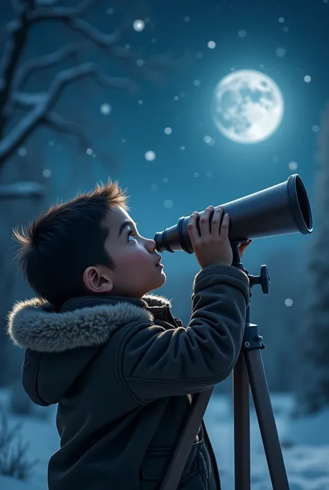 A boy looking at the sky through a telescope in moon fur profil out zoom