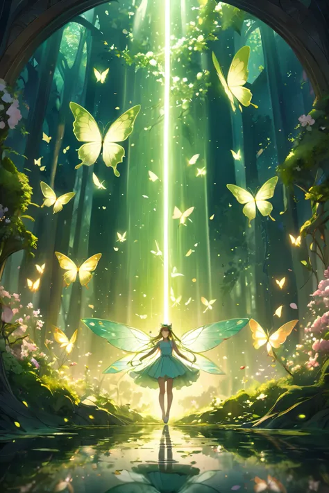 A detailed and vibrant fantasy scene featuring a surreal atmosphere: multiple glowing butterflies in shades of yellow and green flutter gracefully through the air, their intricate wings radiating light. The background showcases cascading beams of vertical ...