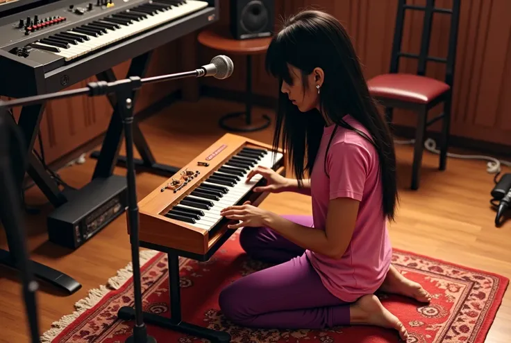 high angle shot, character from a video game, three-quarters view,  A beautiful indian dark skinned teen woman, long hair falling over shoulders,  pink t-shirt and knee length pants, playing an indian harmonium with a pumping apparatus (bellows) placed on ...