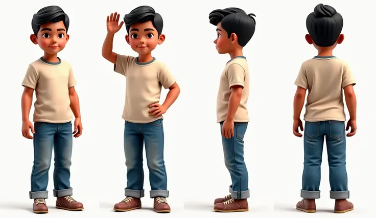 "A realistic image of a  Egyptian looking boy, wearing jeans and a T-shirt, shown in 4 different positions:

1.Standing in a front view, looking straight ahead.                    
 2.Standing in a front view, raising his right hand only
3.Standing in a ba...