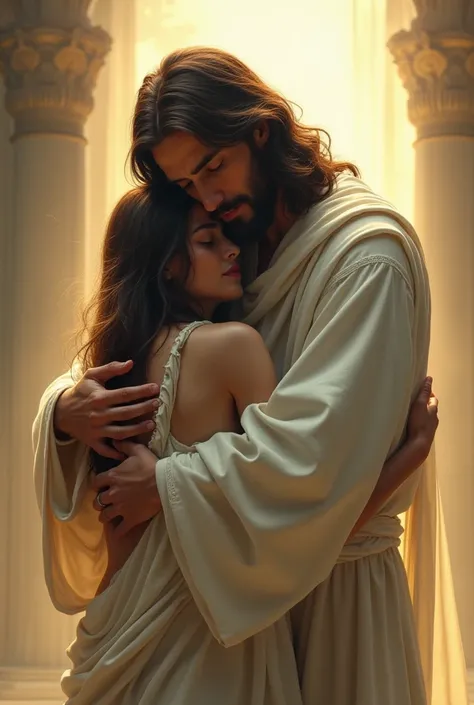 Jesus Christ in white robes and full of power ,  embracing a depressed woman from behind and bringing her comfort 