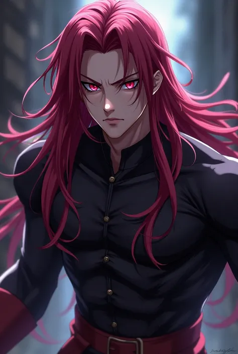 Create male anime character of demon slayer having long dark red hair and dark lilac eyes 