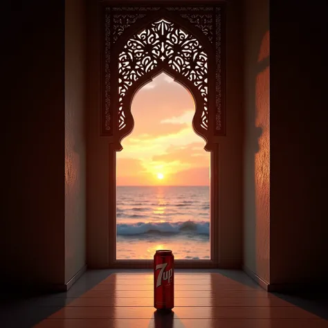 "An elegant Islamic-style arched window with intricate geometric and floral patterns, set in a dimly lit room with textured walls and polished wooden flooring. The window reveals a stunning sunset over a calm ocean, with vibrant hues of orange, pink, and g...