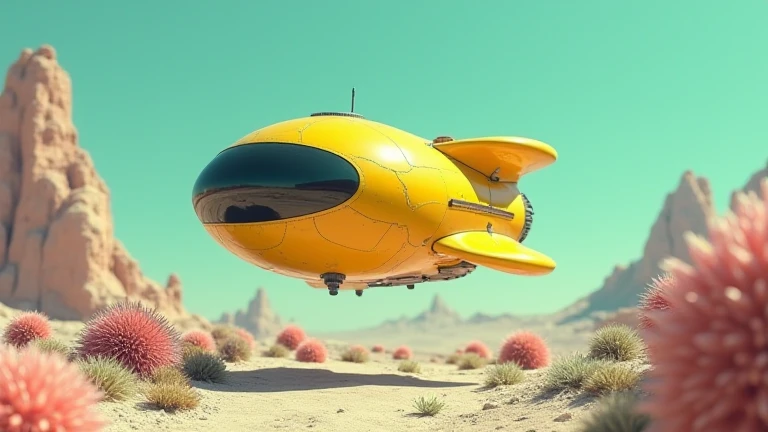 a small glossy, dirty, yellow spherical spaceship, about the size of a car, with a narrow black windscreen visor, like a helmet visor, is hovering high above a pastel coloured alien landscape of pastel blue, pink, yellow and green highly detailed plants an...