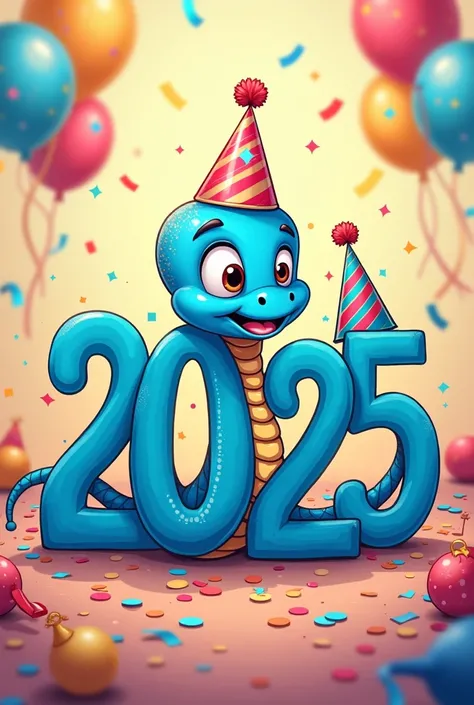 "2025 happy new year" A cartoon-like blue snake with letters