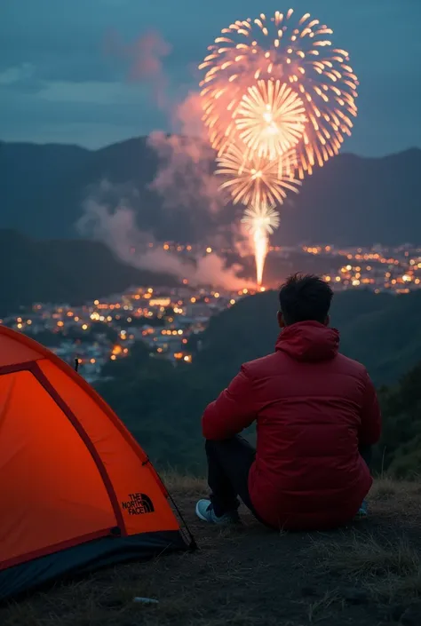 an Indonesian man, wearing red the north face jacket,facing back, sitting on a mount top beside an orange camp dome tent, looking down at a small town
far away below where a fireworks display is taking place, realistic, dramatic, cinematic