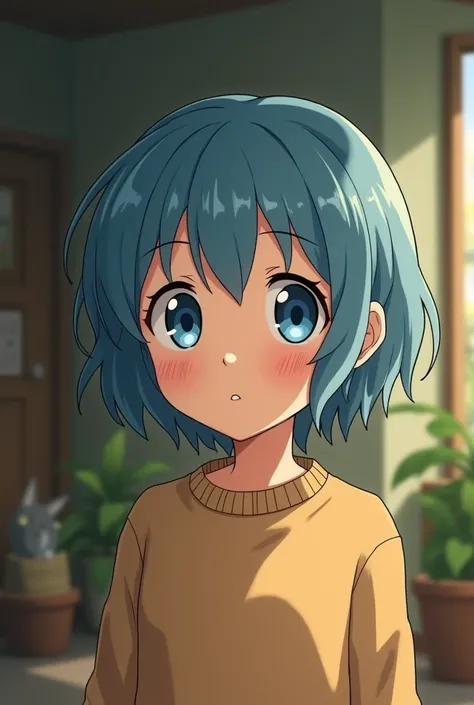 A girl, beautiful blue eyes, in ghibli studio style,short blue hair, wearing brown swearer.