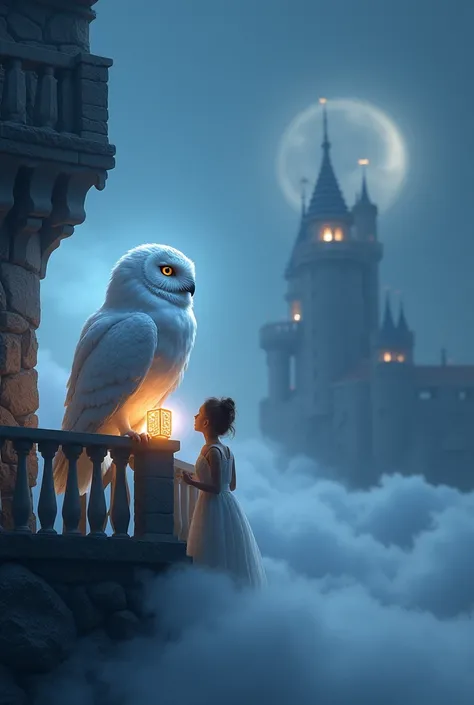 A white owl emerges from the mist and perches on the balcony railing of the glowing cloud castle. Princess Star, standing nearby, looks at it curiously. The owl holds a small glowing box in its talons, engraved with intricate patterns of stars and moons. T...