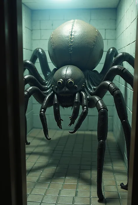 realistic photo of a huge ab0m monster spider ((in the bathroom)), terrifying, scary many eyes,detailed