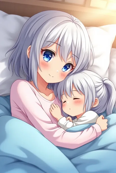 "A heartwarming anime-style illustration of a mother with silver hair and bright blue eyes, lying on a bed with her young daughter. The mother smiles gently, holding the sleeping  in her arms. The , with matching silver hair and soft features, sleeps peace...