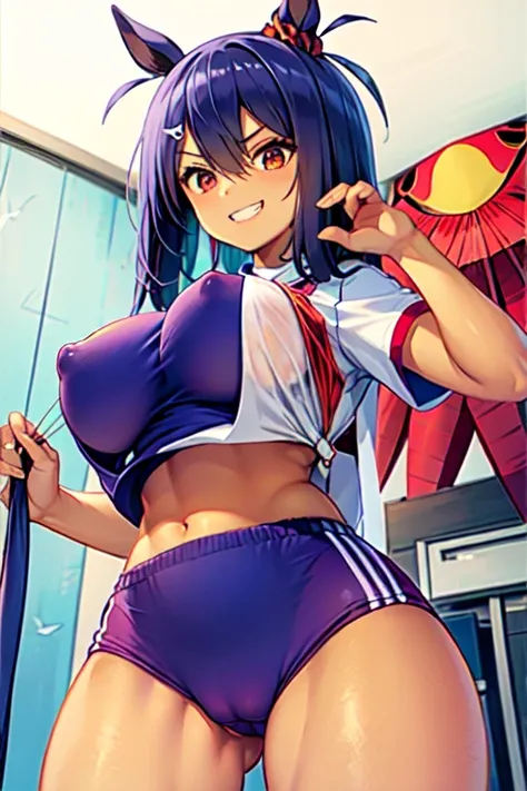 Hishi Amazon、One person、 girl 、best quality, smug,grin, (gym uniform,( blue kite:1.2), (white shirt, short sleeves:1.2), thighs:1.3),(navel:1.3),( cameltoe:1.3),large breasts,(puffy nipples:1.2),