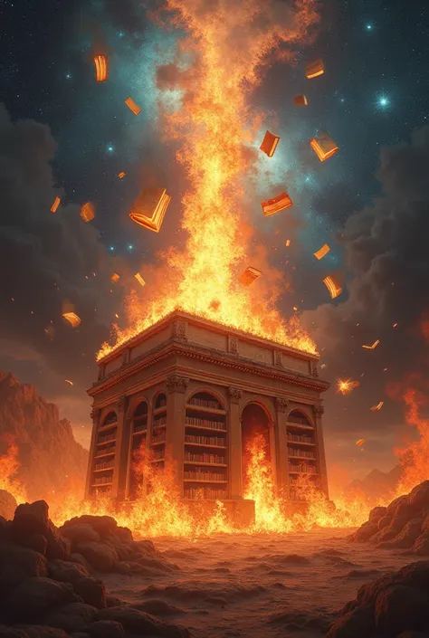 A hyper-realistic scene of an ancient library engulfed in flames, with books flying into the air and transforming into glowing, golden symbols that float upwards. The fiery background is contrasted with a vibrant, starry night sky filled with swirling gala...