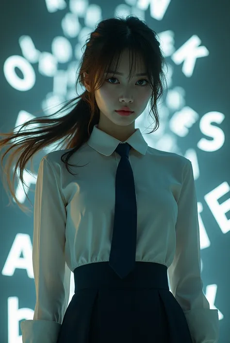  beautiful Japanese woman in self-defense uniform ,  wears a white long-sleeved shirt ,  navy tie,  navy pencil skirt ,  black patent high heels, Beautiful curves.  She has brown hair  ,  low ponytail,  her arms hang loosely on her sides ,  surrounded by g...