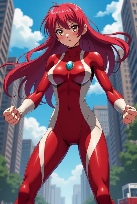 My Hero Academia Style , Anime girl, female, young female ,Full Body Shot,(fighting Stance:1.3),Long hair, Red Hair,  Brown Eyes,Hero Suit, Full Body Suit, red suit with white details,small round blue jewel in the center of the chest, perfect anatomy,  Tou...