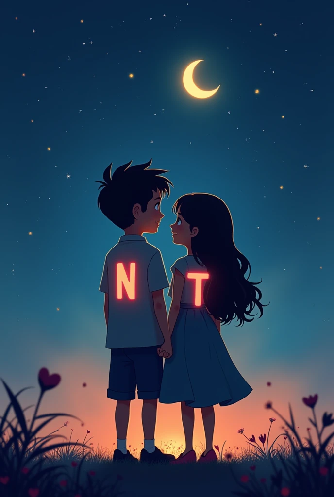 Picture of a couple showing their rear view with the moon in the background Pixar style letter T for the couple boy letter N for the girl
