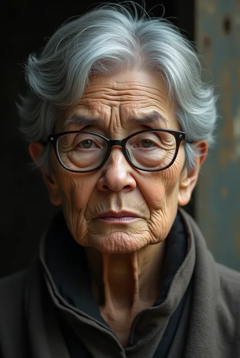 Grandma 120  +  looks seriously short gray hair wrinkled makeup face with glasses 