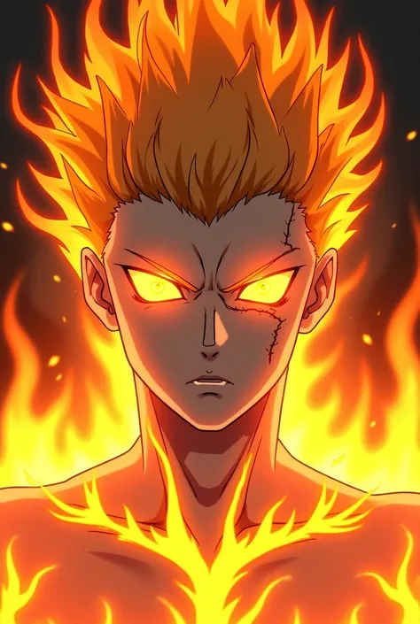 Fire man, a guy image icon with his eyes and hair covered in blazing fire and fire background just head image with white skin, and Fire cracks around his eyes, anime style