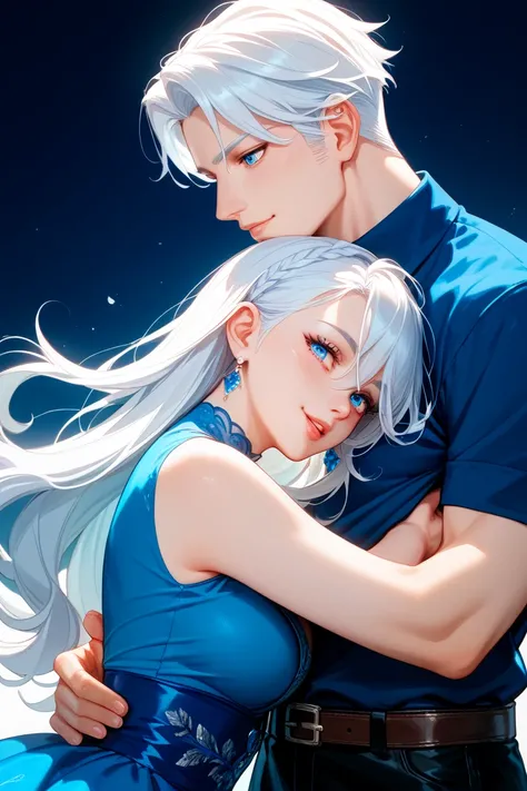  One Woman 、(Silvery white hair)( light blue eyes)(18 years old)、 white and blue dress( big boobs)、One Man、(Silvery white hair)( light blue eyes)(18 years old)、WHITE AND BLUE MENS CLOTHES 、 A man is hugging a woman to protect her