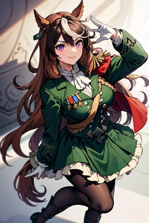 symboli rudolf,one person、girl、Horse tail、purple eyes、best quality,large breasts,Green coat, green military jacket,  green skirt , red cloak,white gloves, black tights,golden epaulettes ,Medals, gem,Button closure, full body,seductive smile,perfect hand、 o...