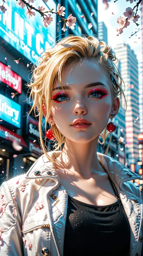 1girl,  Blonde Hair,  c[to_[ear, animal_[ear,  solo , [Dark_[beautify skin, tan_[beautify skin, Foggy Neon Future City,  summer jacket, cherry blossoms falling, portrait style, look_[to_Viewer , cinema[toic lighting,  Eyeliner, cosmetic, mood,  highly deta...