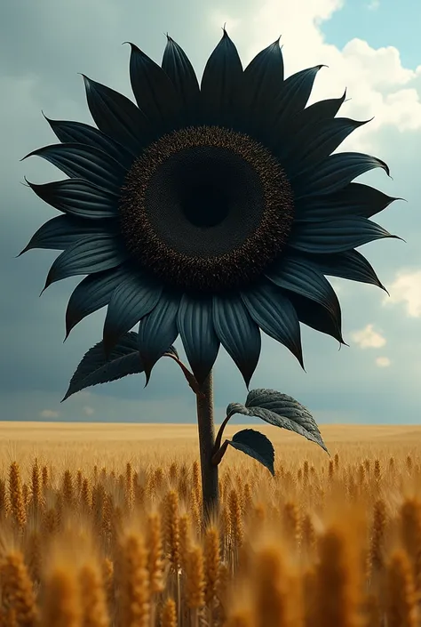  Huge black sunflower , fiction,   in the middle of a wheat crop , fictional masterpiece  , hyper-realistic , cinematic,  hyper-realistic  full 8k 