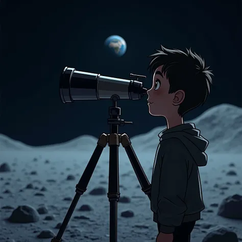 A 22 years old intelegent boy looking at the eathr 
through a telescope in moon fur profil out zoom