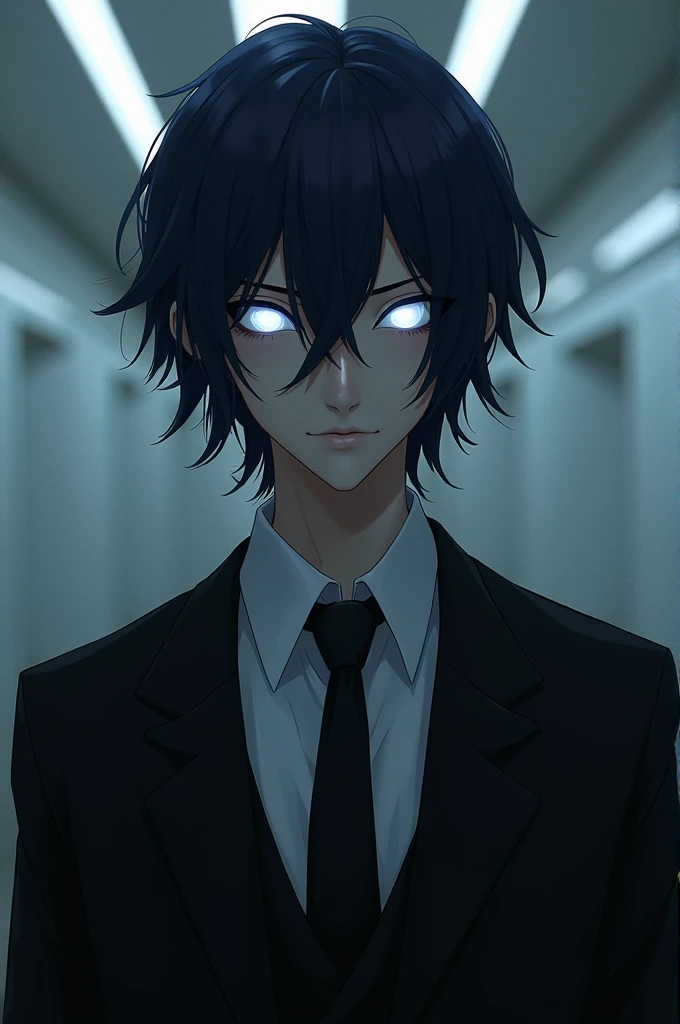 Dark indigo hair, transparent white eyes, Handsome, businesslike, emotionless