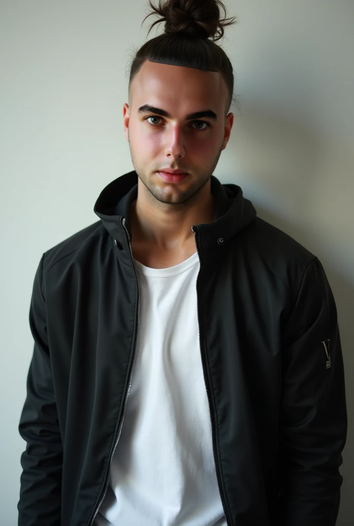 Fit lean Men using a black gym jacket, a white shirt and gym clothes in front of a white wall, realistic lighting. Fujicolor Superia X-TRA 400 — v 6.0 — style raw. a man with a thin face, shaved sides and a knot hairstyle, green eyes, dark brown hair, phot...