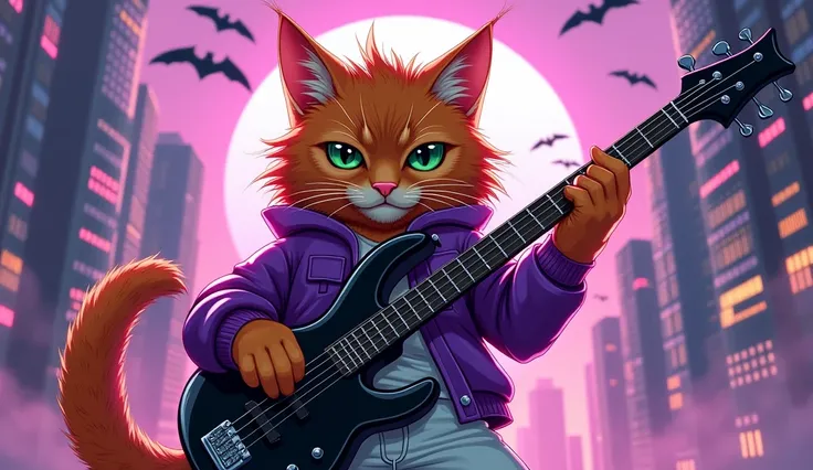 Orange cat, long fur, purple baseball jacket, white jeans, green eyes, black 4 string bass, manga style, cyberpunk, bat fly