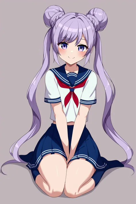  girl、Light purple hair color、 bun hair、 twin tails、 sailor suit、シースルー sailor suit、 miniskirts、smile、 sit on the ground