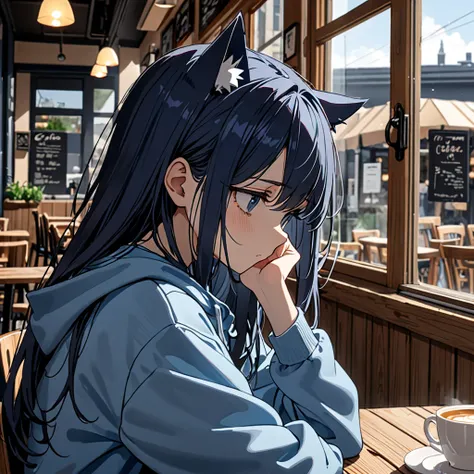 8K Ultra High-Quality, ultra-detailed, High quality, dark blue hair, long hair, cat ears, blue hoodie, cafe background, sitting on chair, wooden table, tired and depressed face, bags under the eyes, looking outside the window, side view, close up, full bod...