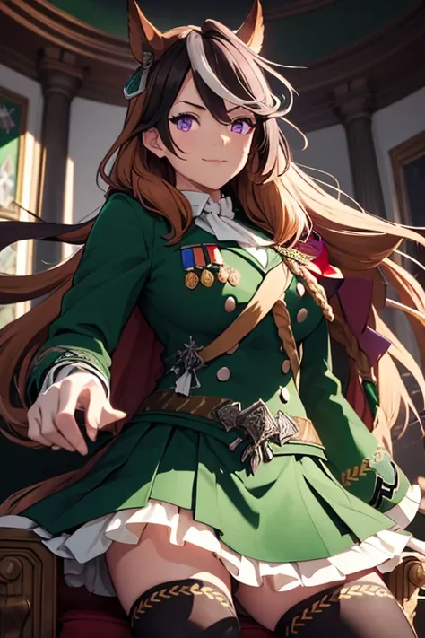 symboli rudolf,one person、girl、Horse tail、purple eyes、best quality,large breasts,Green coat, green military jacket,  green skirt , red cloak,white gloves, black tights,golden epaulettes ,Medals, gem,Button closure, full body,seductive smile,perfect hand、 o...