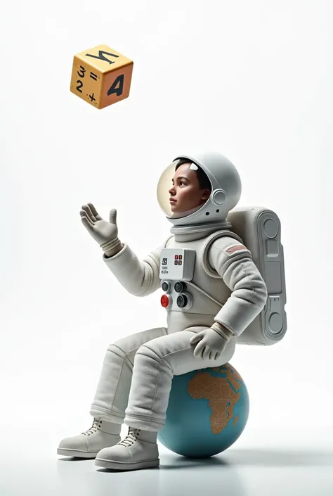  Draw an astronaut slightly from the side and slightly in profile, He is sitting on a small globe .  The background is white .  Astronaut throws a number cube into the air with one hand .