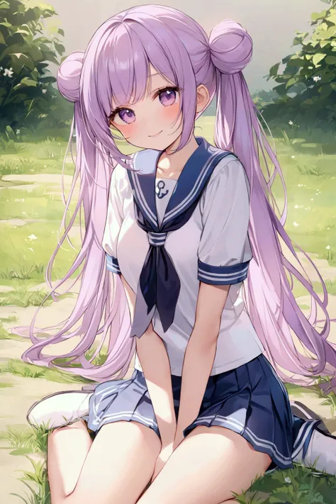  girl、Light purple hair color、 bun hair、 twin tails、 sailor suit、シースルー sailor suit、 miniskirts、smile、 sit on the ground