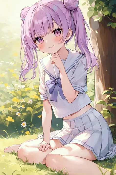  girl、Light purple hair color、 bun hair、 twin tails、 sailor suit、シースルー sailor suit、 miniskirts、smile、 sit on the ground