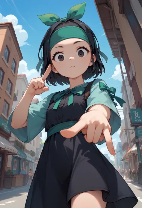 (masterpiece), best quality, expressive eyes, perfect face, solo, 1girl, black hair, black eyes, wide open surprised eyes, closed mouth, ((greenish blue headband with a ribbon)), ((light blue shirt)), black dress, pointing at viewer, looking down at viewer...