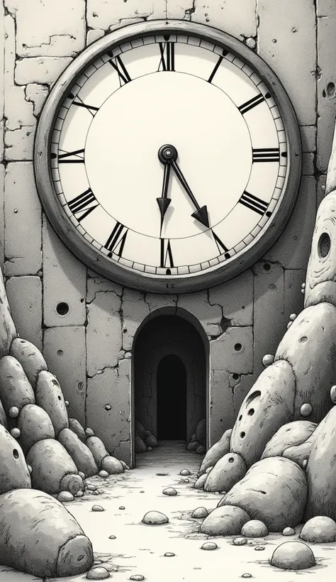 、 Mizuki Shigeru Kaze 、Pen drawing、Precision、delicate、 Calm Colors、ruins、 Fantastic、Vertical composition、Fine shading、 hand drawn style 、Pen drawing、Pointillism、Black and white painting 、Gallo comics、A huge wall clock in the air